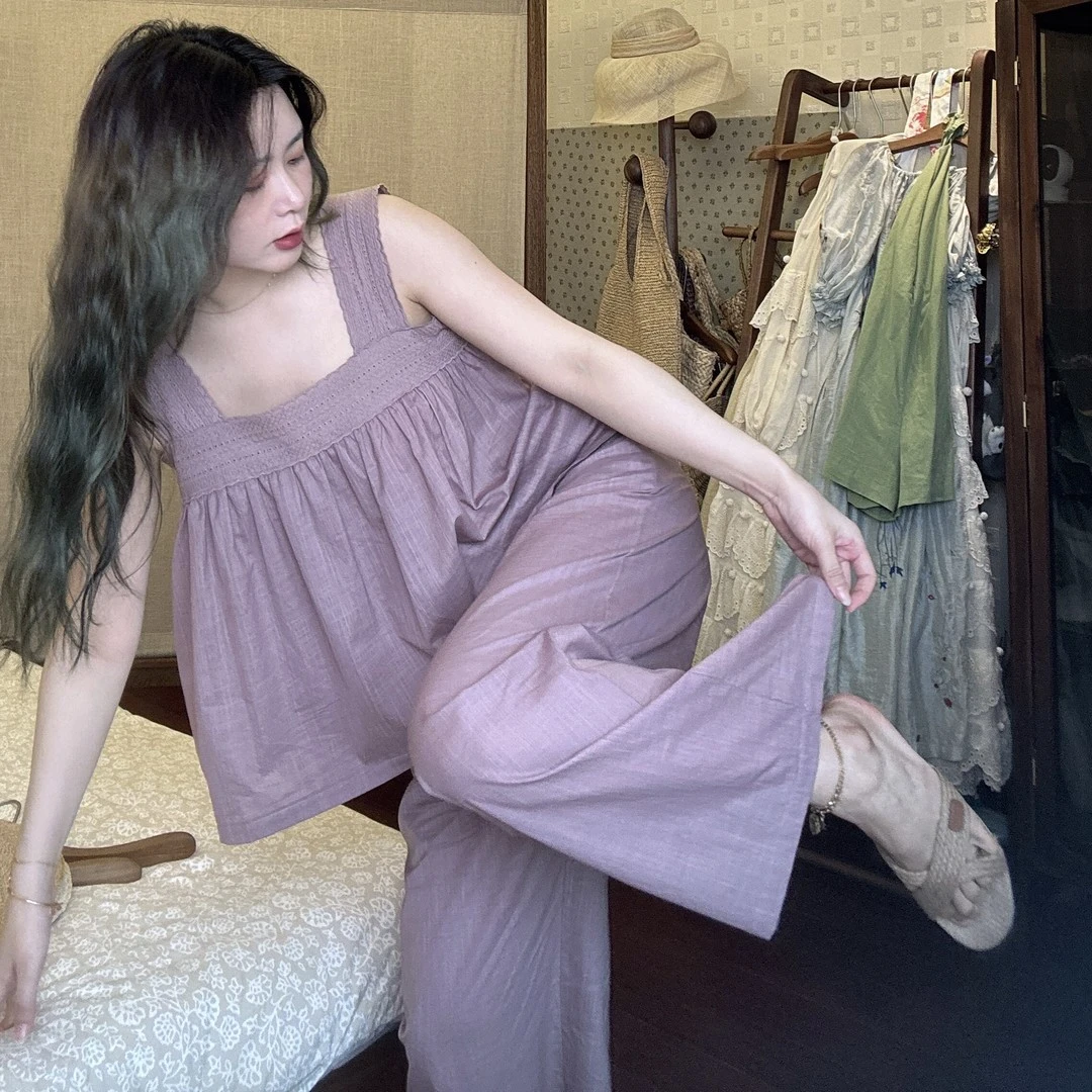 夏季甜美棉纱睡衣女2025年新款吊带长裤宽松大码可外穿家居服套装