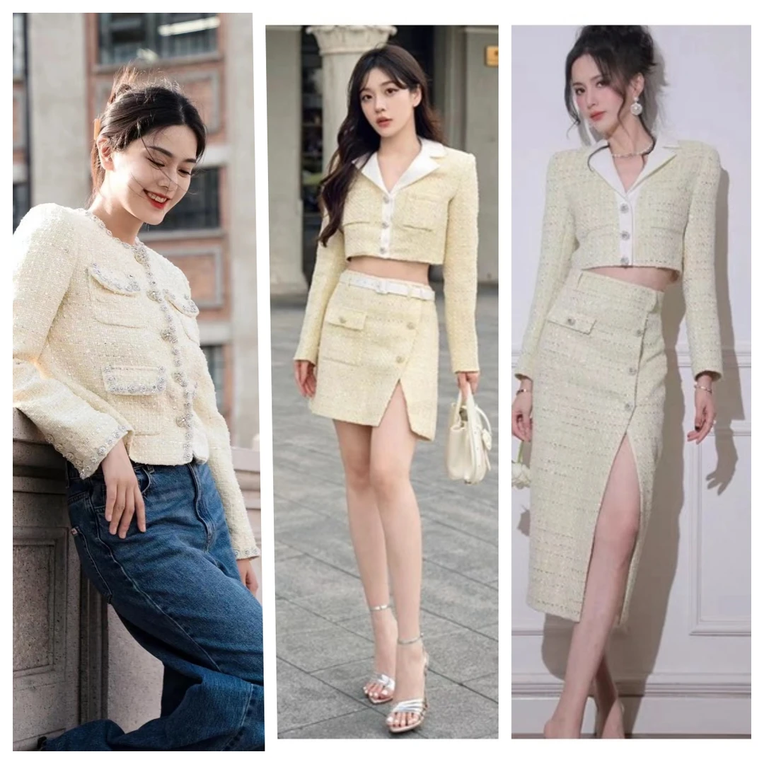 （雯雯家）早秋小香风短款气质中高腰开叉中长裙短裙套装