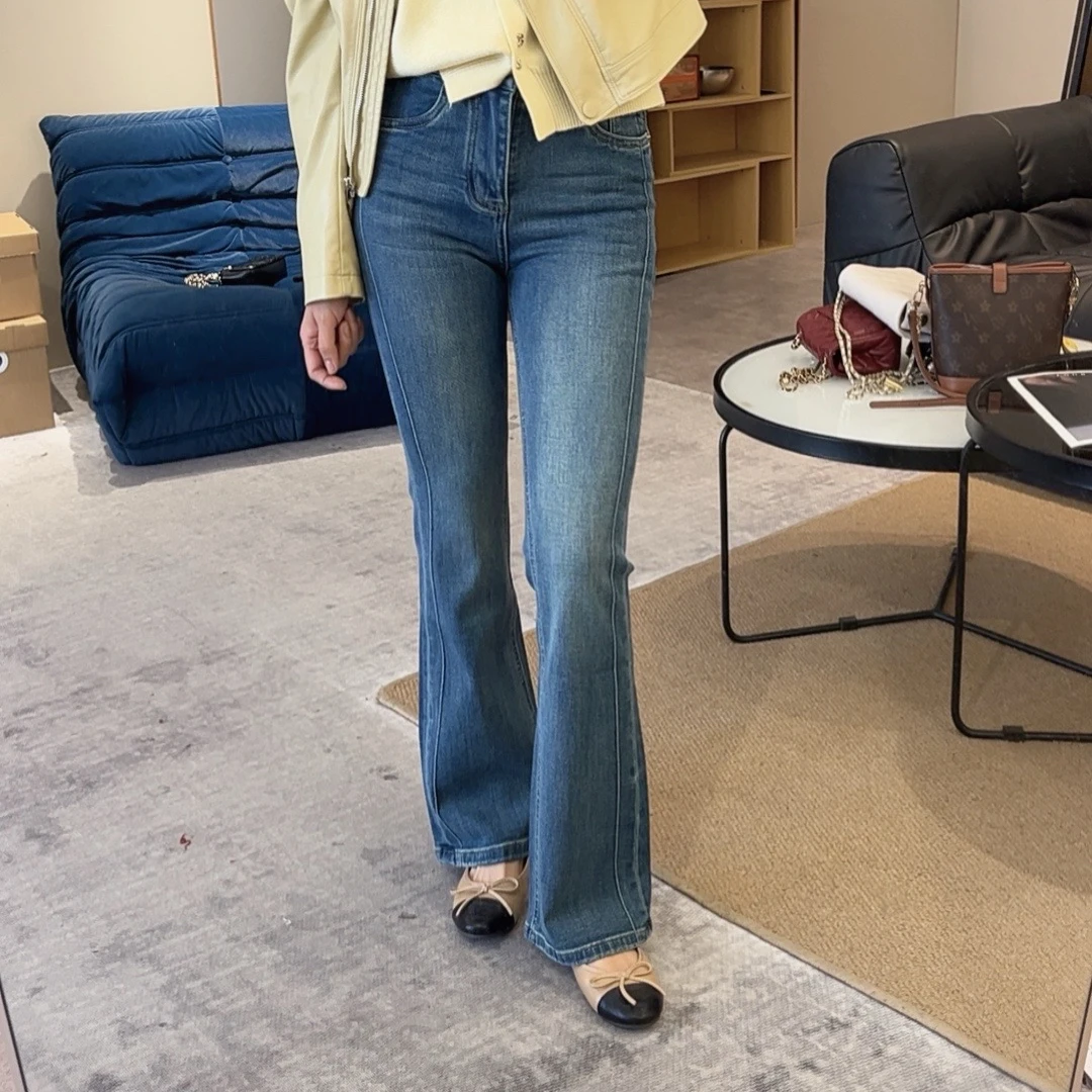 【欧加恋恋】新款百搭简约时尚显瘦前侧压线牛仔微喇裤裤子W051