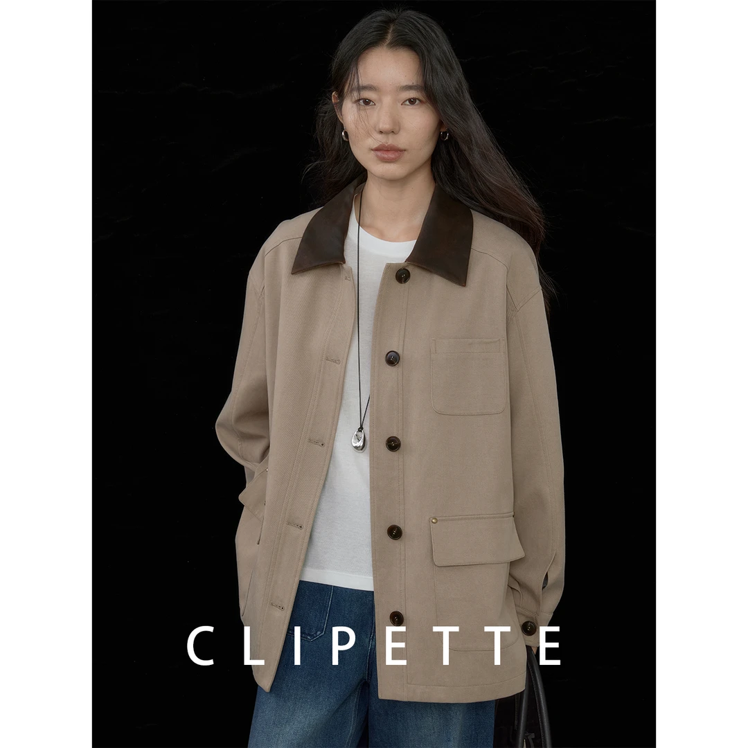 CLIPETTE 巴恩风仿皮感撞色翻领复古天丝棉宽松中长款风衣外套女