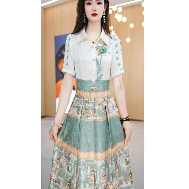 美瑞衬衫领连衣裙女2025新款减龄拼接印花超火爆炸街中长a字裙夏