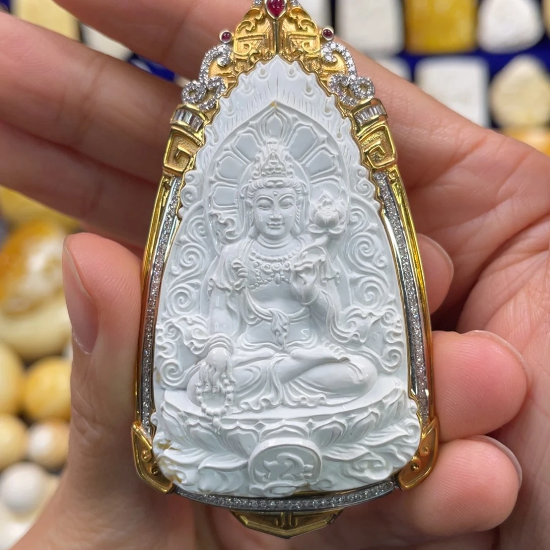 蜜蜡裸石18K金镶嵌听**?琥珀蜜蜡雕刻件