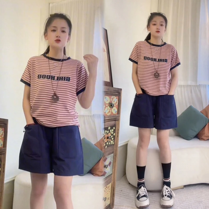 气质条纹上衣套装夏季穿搭一整套显瘦小脚裤子小个子短裤两件套