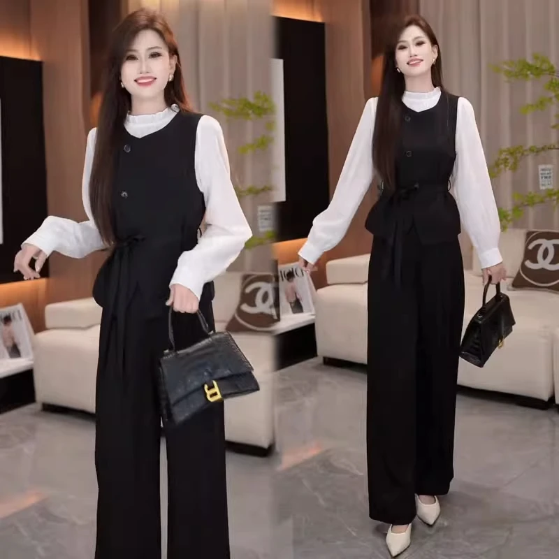 拉夏贝尔时尚套装女秋季新款洋气长袖衬衫马甲阔腿裤气质三件套