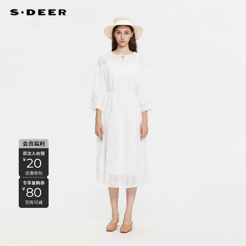 S·DEER圣迪奥秋季清纯白色法式优雅提花蕾丝长袖连衣裙S253Z1214