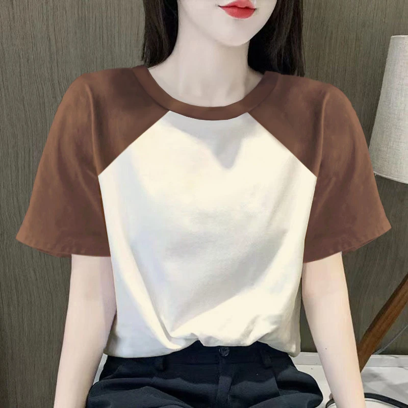 女装撞色插肩短袖新款纯棉T恤潮上衣多巴胺洋气拼接欧货显瘦夏季