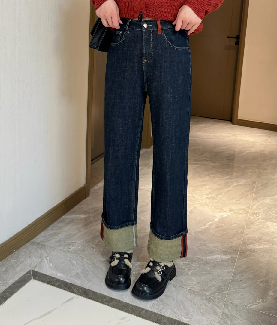 七七/【蓝调之夜】时尚拼接直筒九分加绒牛仔裤XNS6208