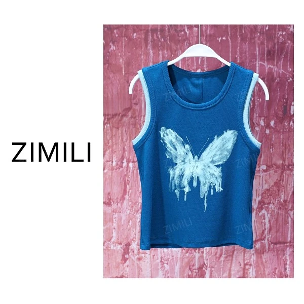 【亮哥女装】2025简约云山蓝蝴蝶水印时尚休闲高弹背心9296-B7
