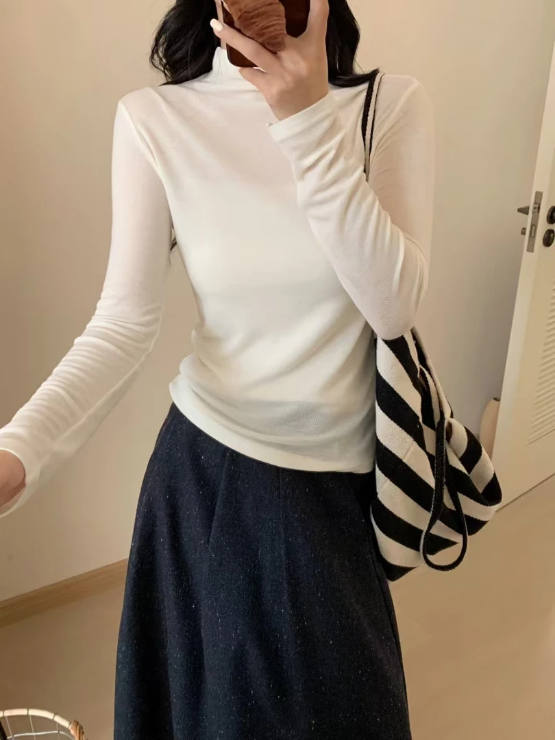 天丝羊毛半高领常规袖女常规长袖T恤时尚气质网红内搭显瘦修身