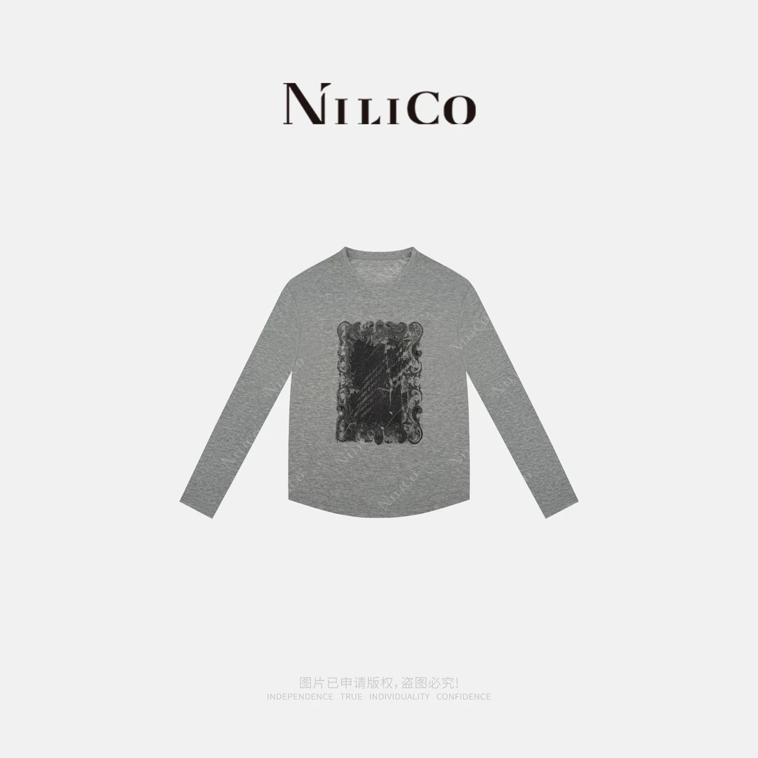 NILICO【复古主义】花灰色雪花纹轻薄落肩复古印花长袖女T恤