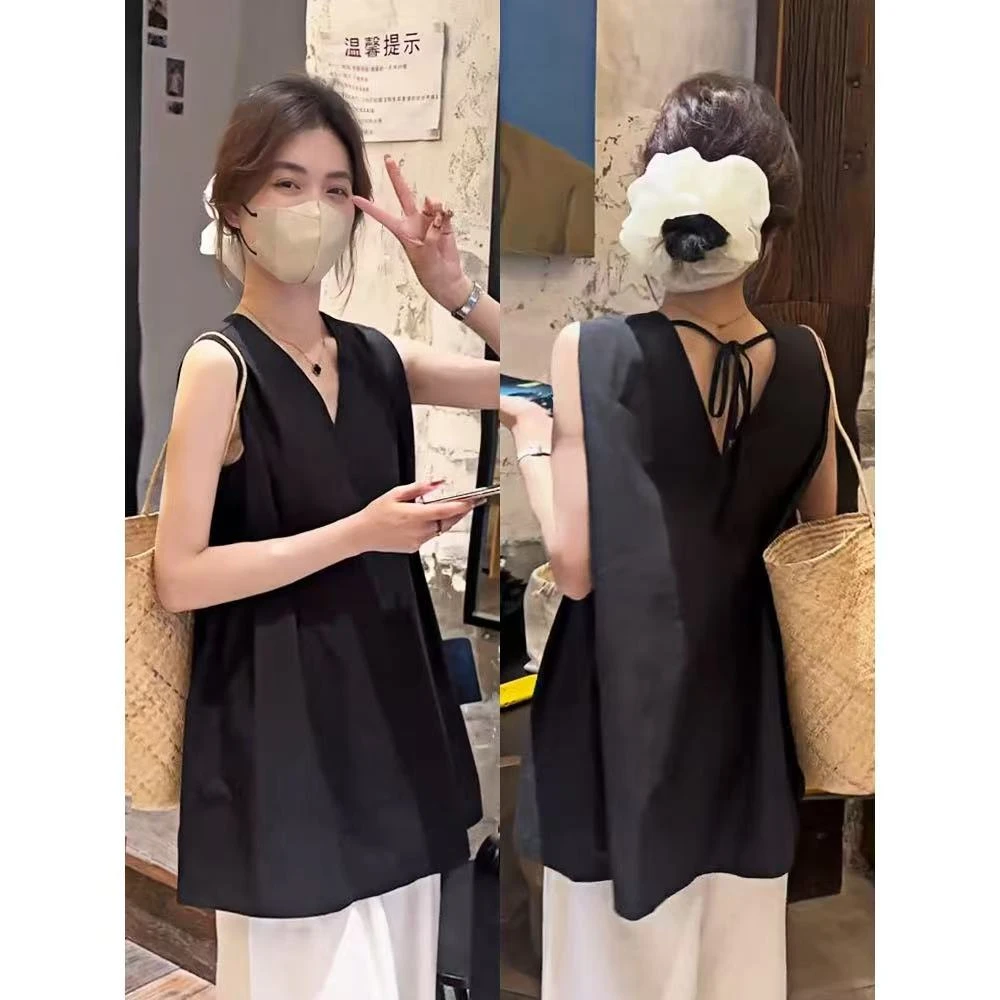 法式复古后背系带无袖v领衬衫女2025夏季新款设计感减龄背心上衣