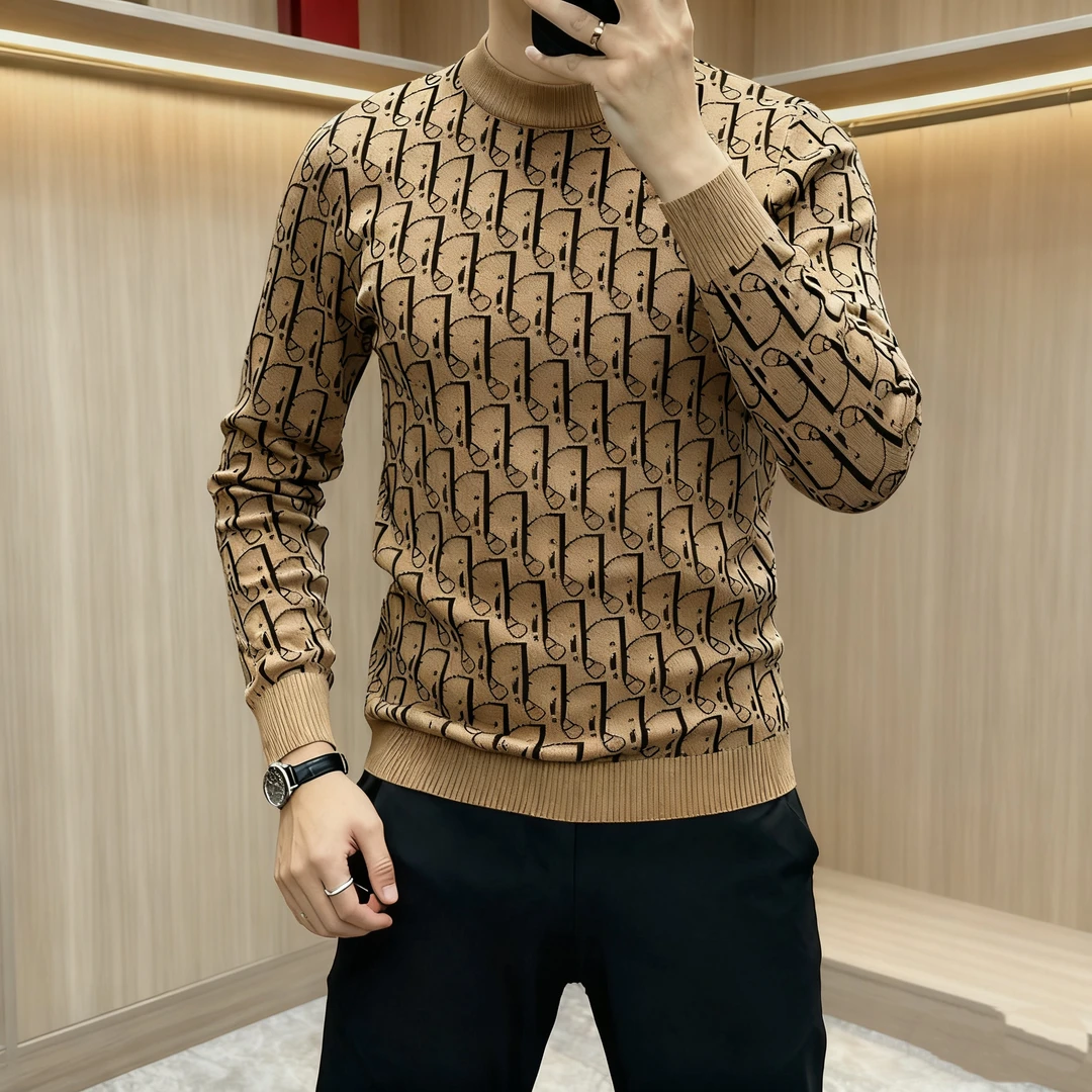 欧货男士秋冬针织打底衫休闲保暖毛衣高级圆领字母提花百搭潮流