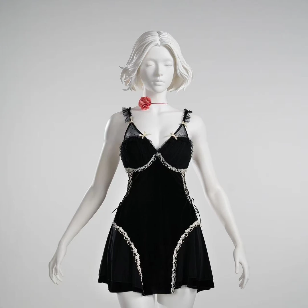 幽梦【90-220斤】GR法式小黑裙蕾丝气质性感丝绒大码睡裙 4218