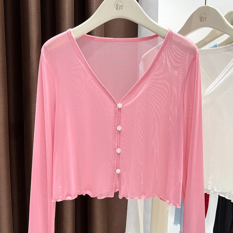 秋季新款时尚短款长袖上衣开衫透视薄款网纱外套洋气简约V领外套