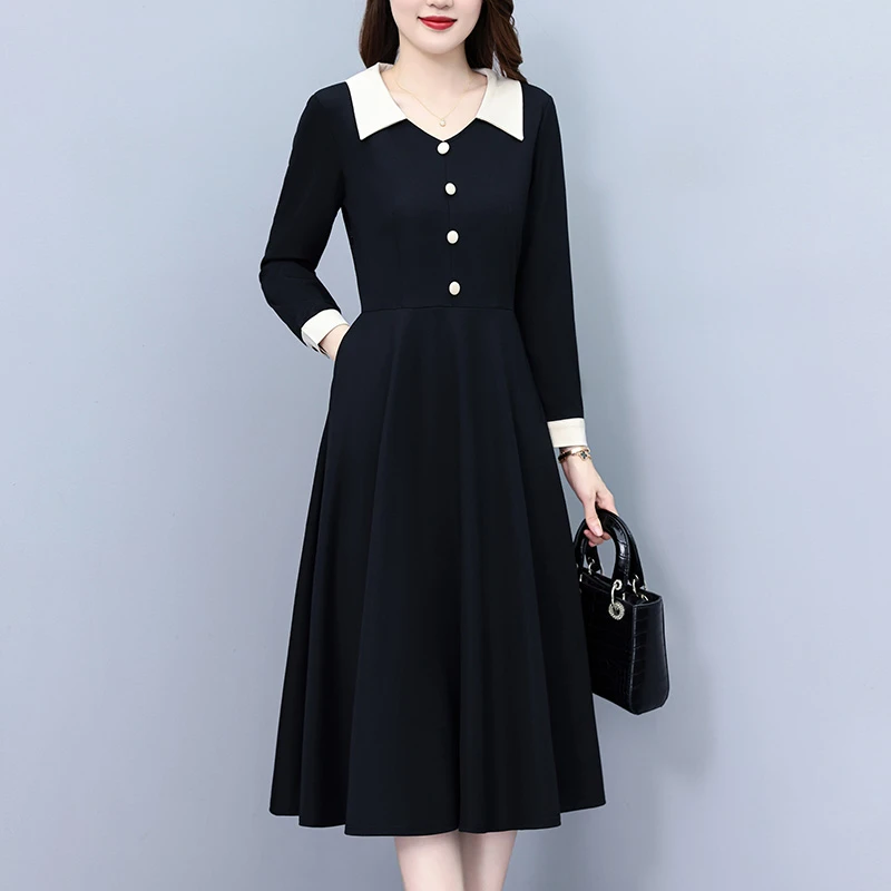 气质修身拼色宽松修身长款春秋长袖连衣裙子大码女装CA#1225