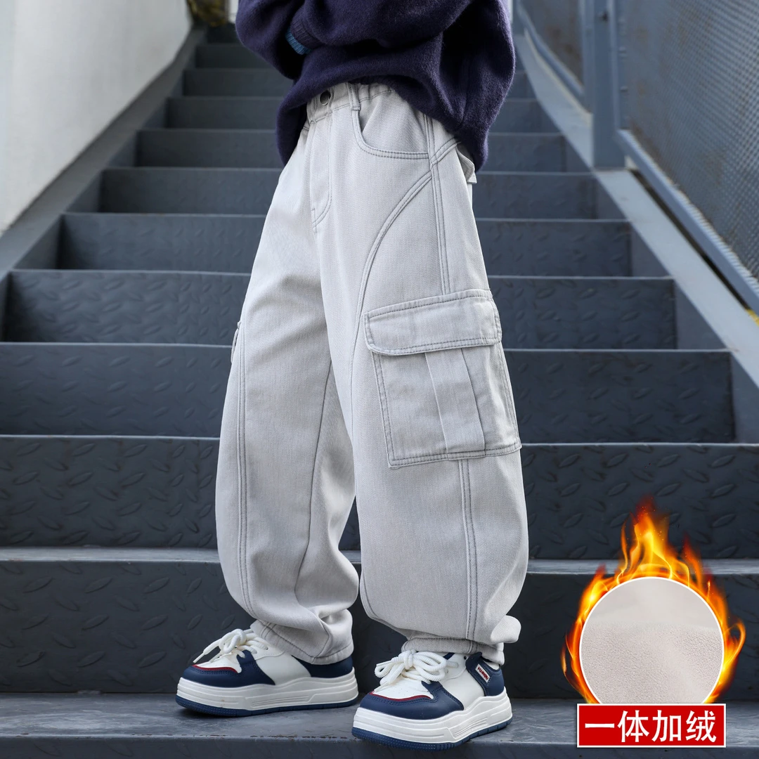 男童加绒工装裤秋冬季2025新款儿童裤子冬装中大童一体绒休闲长裤
