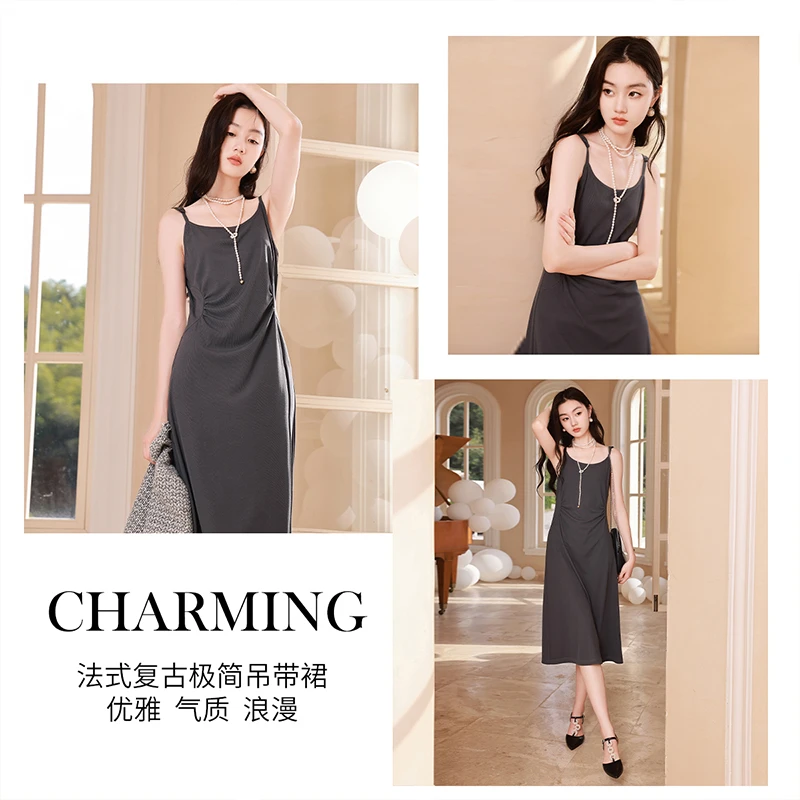 【粉丝专属】Q833020连衣裙 香影黑色吊带连衣裙女秋季新款抽褶