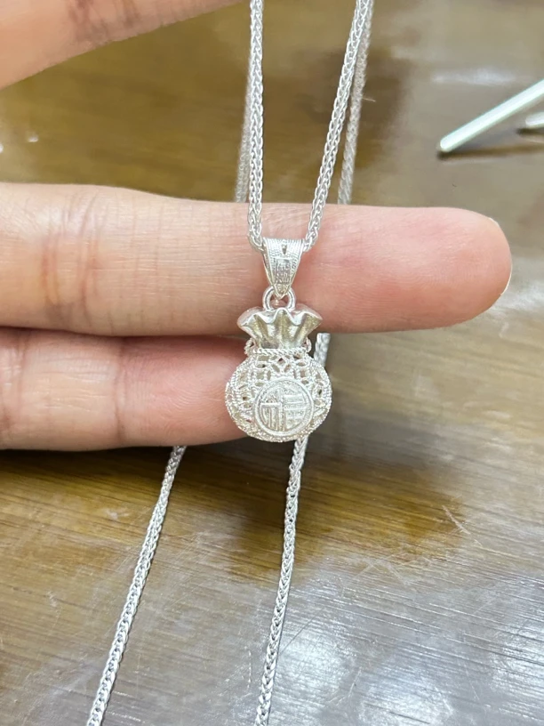 坠链均足银 足银福袋套链 纯银饰品 镂空工艺福袋肖邦链