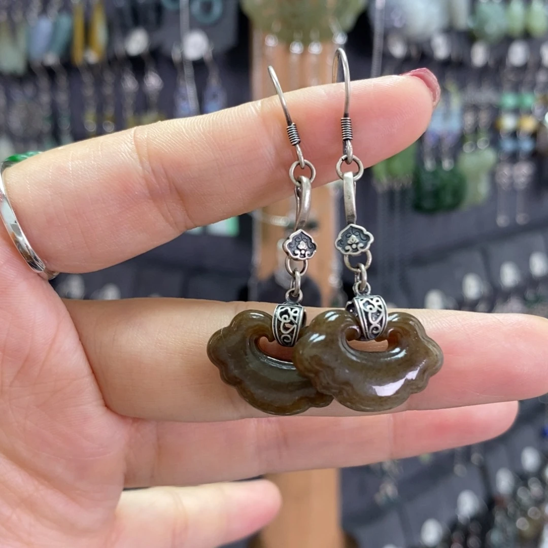 和田玉银S925镶嵌耳饰