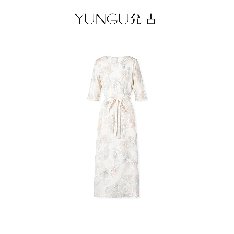 YUNGU允古 弹力重绉桑蚕丝印花系带收腰连衣裙2025夏季显瘦裙子女