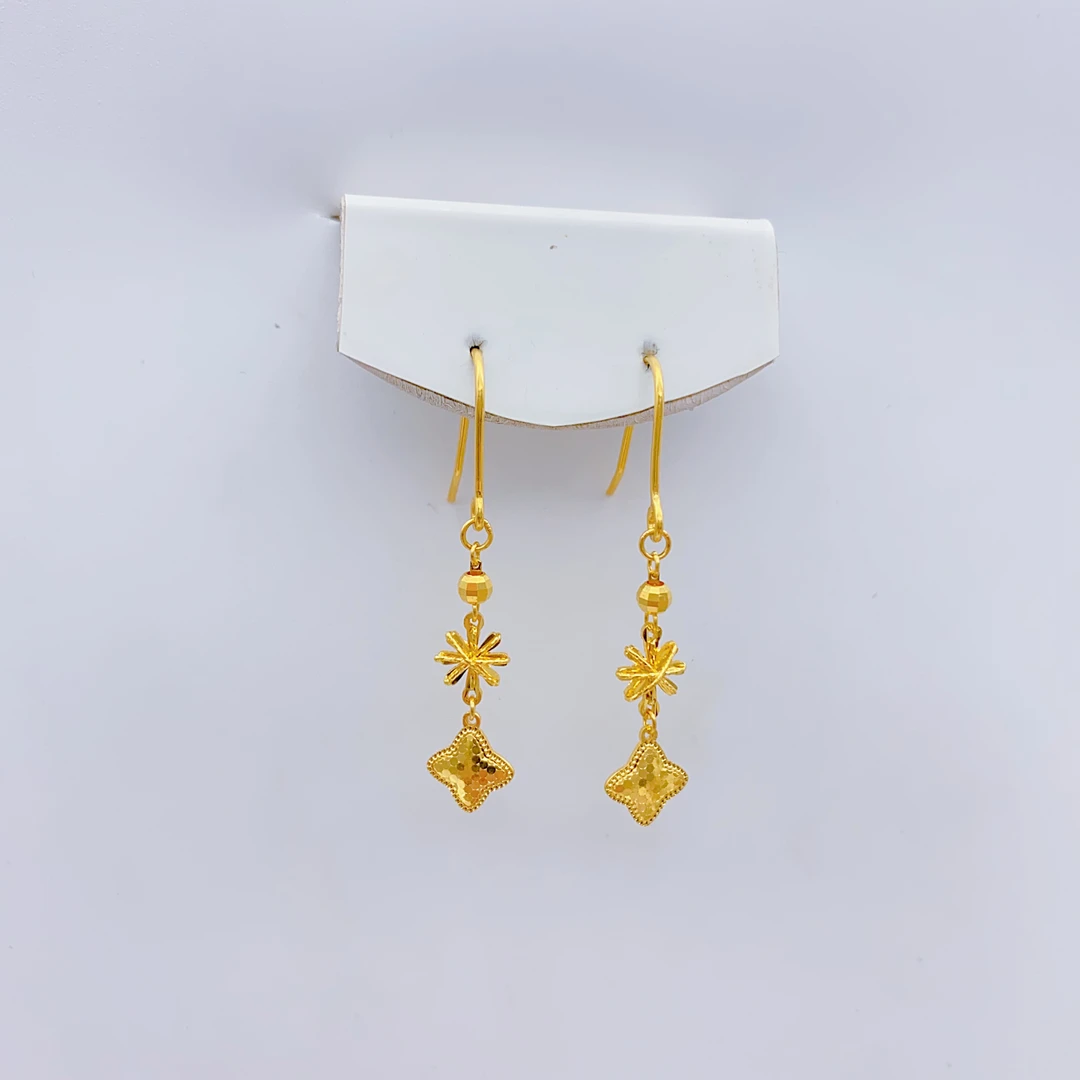 老庙黄金足金5G精工龙鳞四叶草芒星耳钩2.74克时尚气质百搭