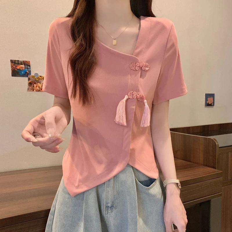 短袖T恤女夏季新款大码国风盘扣遮肚显瘦新中式不规则v领上衣