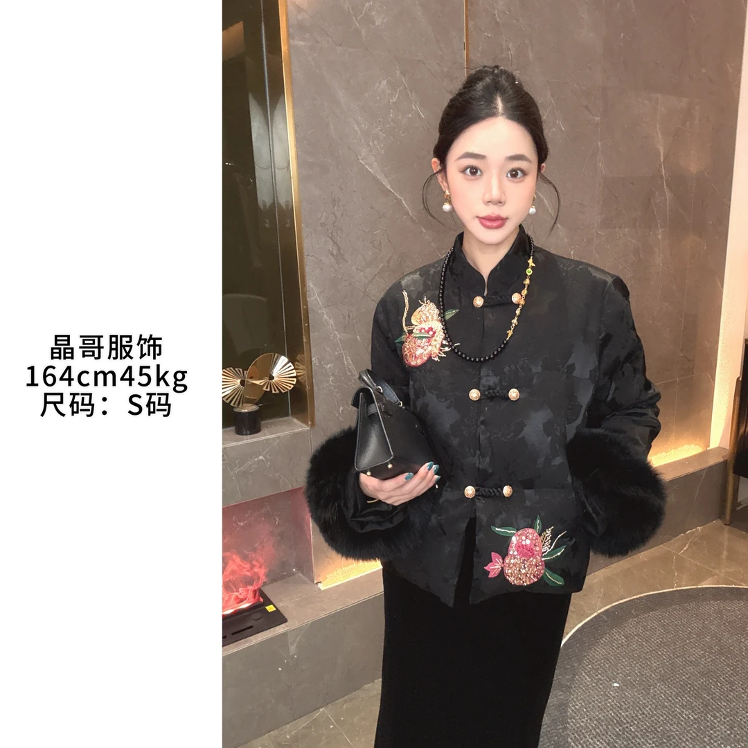 现货【东方雅韵】冬季新中式休闲百搭加厚国风重工刺绣狐狸毛鹅绒服