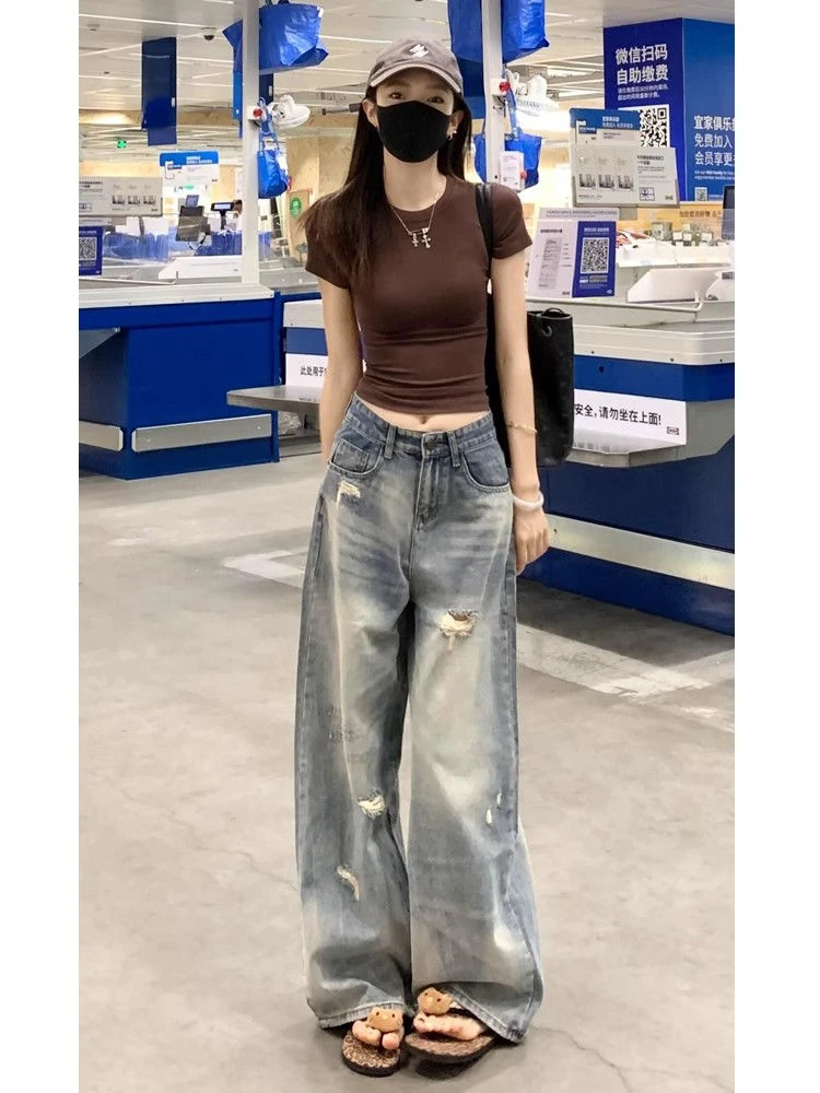 美式破洞阔腿牛仔裤女春秋新版显瘦小个子宽松高腰阔腿百搭拖地裤