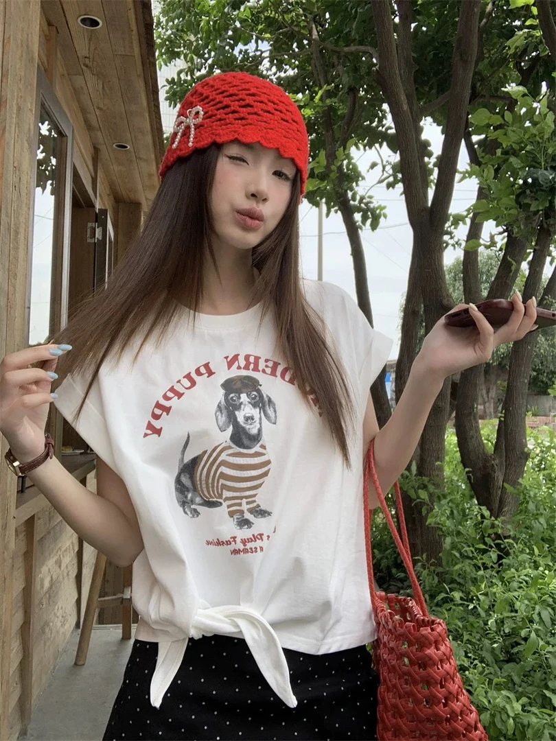 孟婆家【美高sportgirl】纸袋原包装！美式小狗印花下摆系带短袖～039