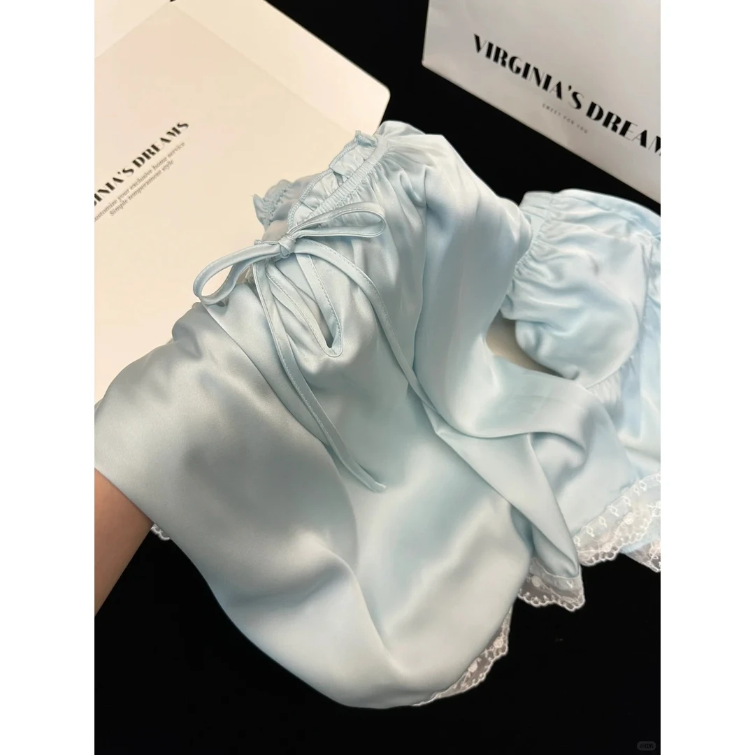 芭蕾风温柔baby蓝蕾丝冰丝短袖睡衣女夏季新款短裤套装凉感家居服