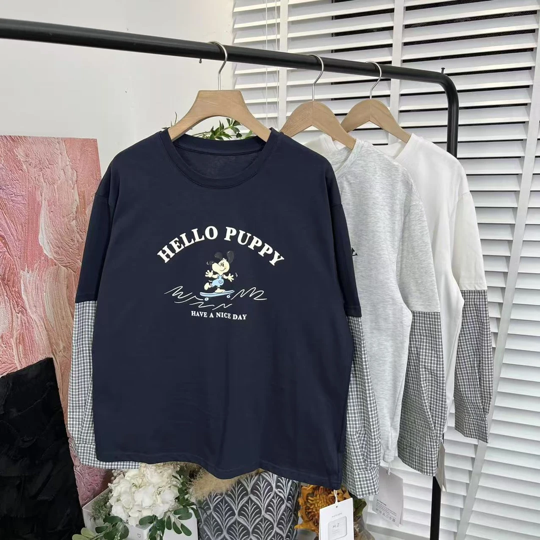 日系新款「拼接卡通印花」舒适 长袖T恤女E5078