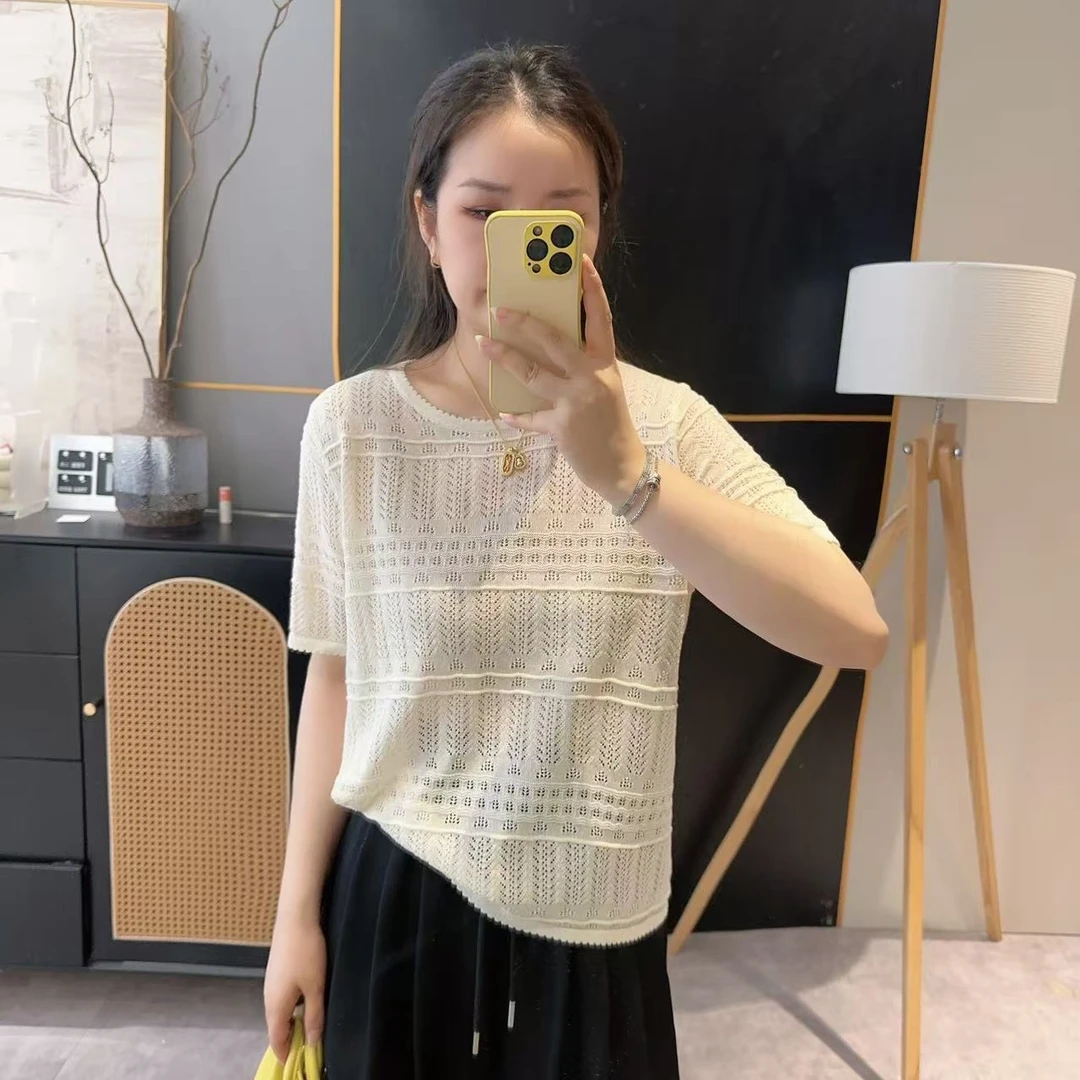 【欧加粒粒】短袖圆领条纹镂空锯齿边薄款针织衫2025夏季 T25050430