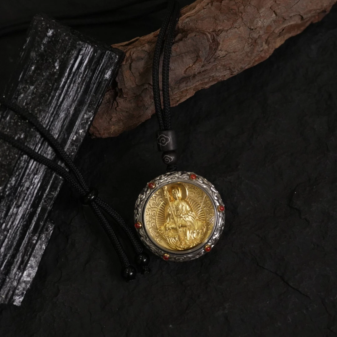 吊坠足银 925银链【如愿牌】心念手作雕刻复古地藏项链陆叁人