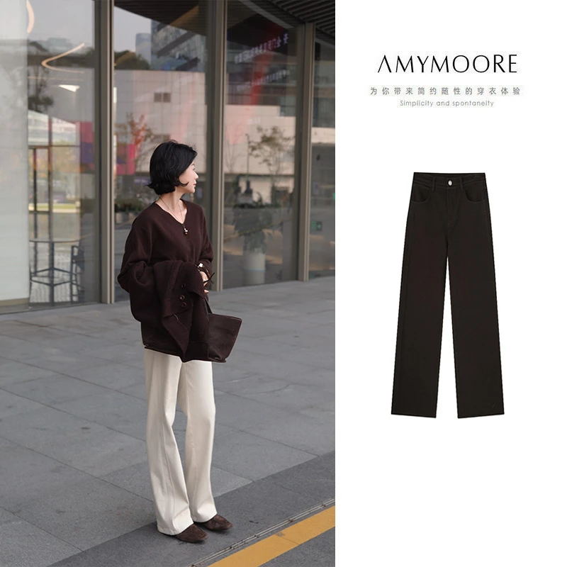 AMYMOORE艾莫尔女装2025年冬季牛仔裤加绒直筒休闲保暖洋气192147