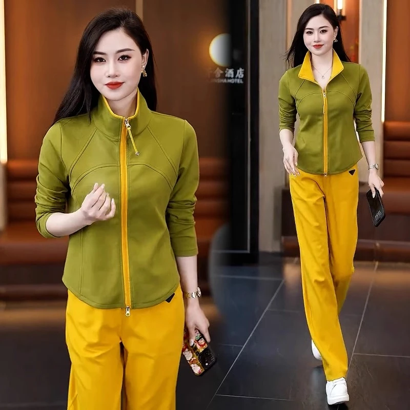 休闲运动服套装女2025春季新款洋气显瘦撞色立领开衫阔腿裤两件套