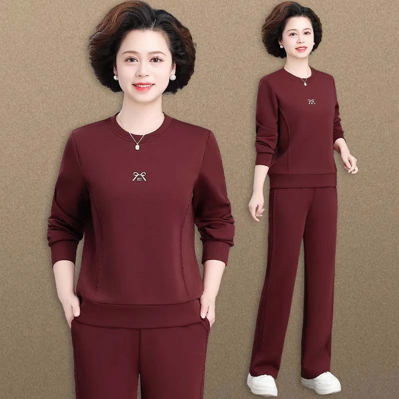 中年妈妈春装圆领卫衣长裤两件套中老年人运动套装女春秋2025新款