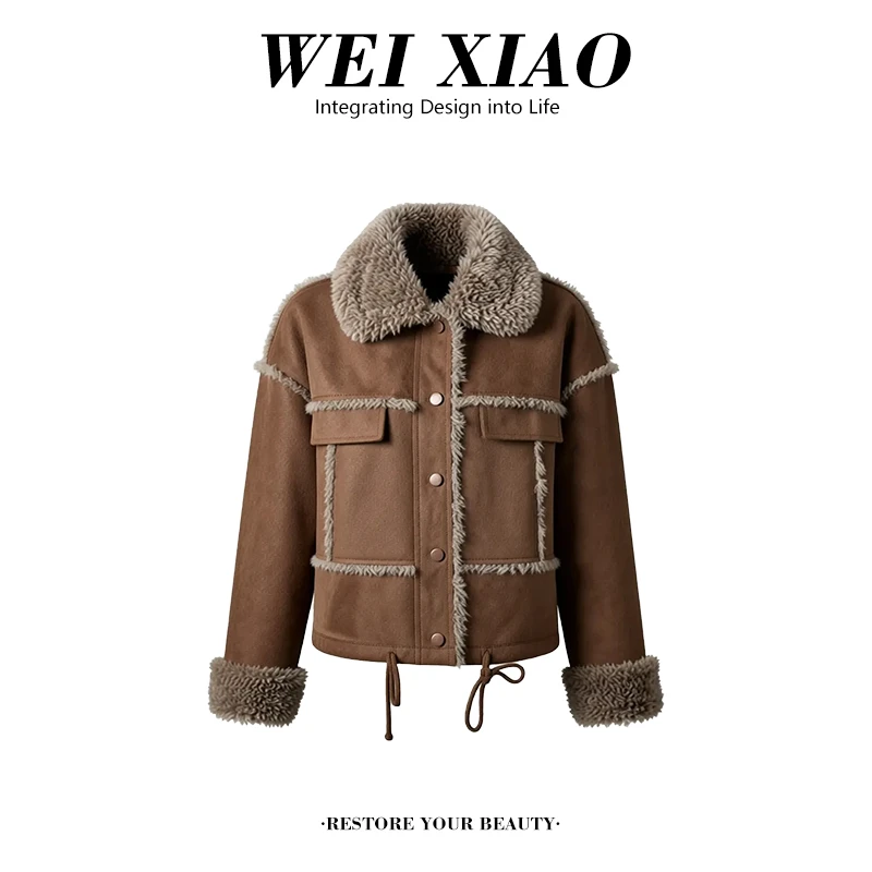 复古拼接撞色毛毛外套女2025秋冬新款韩系高级感加厚皮毛一体上衣