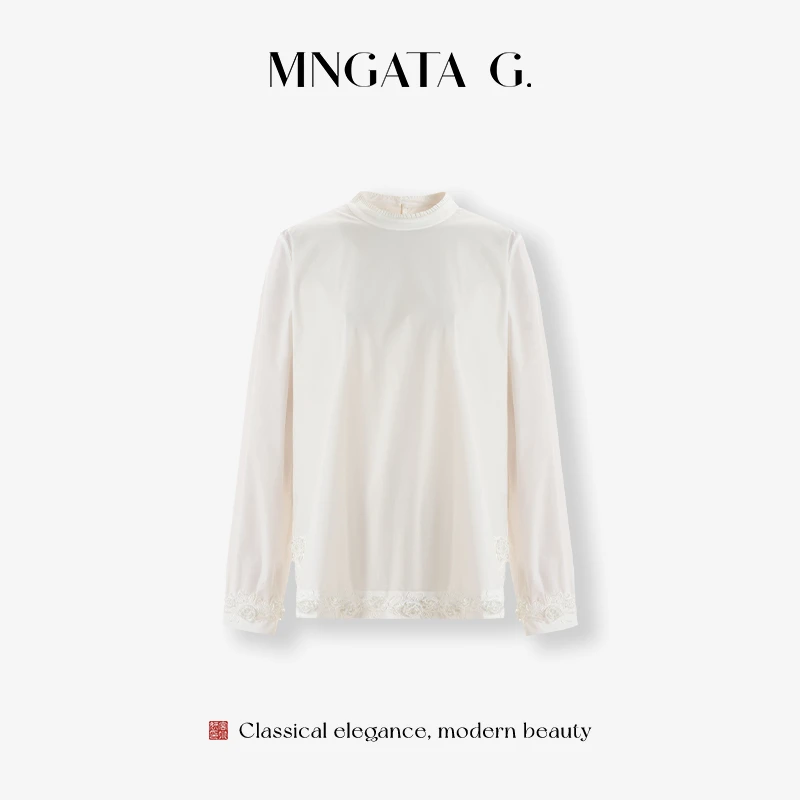 MNGATA G.宫小妍 新白茶 全手工钉珠奢感木耳边领百搭上衣5102202