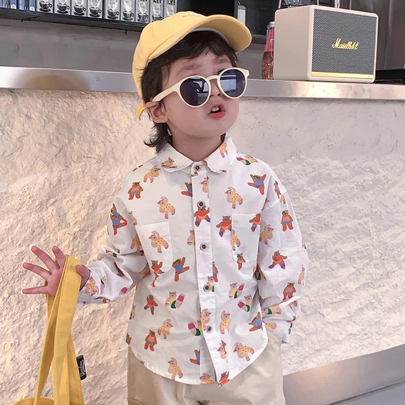 韩小小2023新款春秋中小童儿童卡通全棉衬衣男女童卡通长袖花衬衫