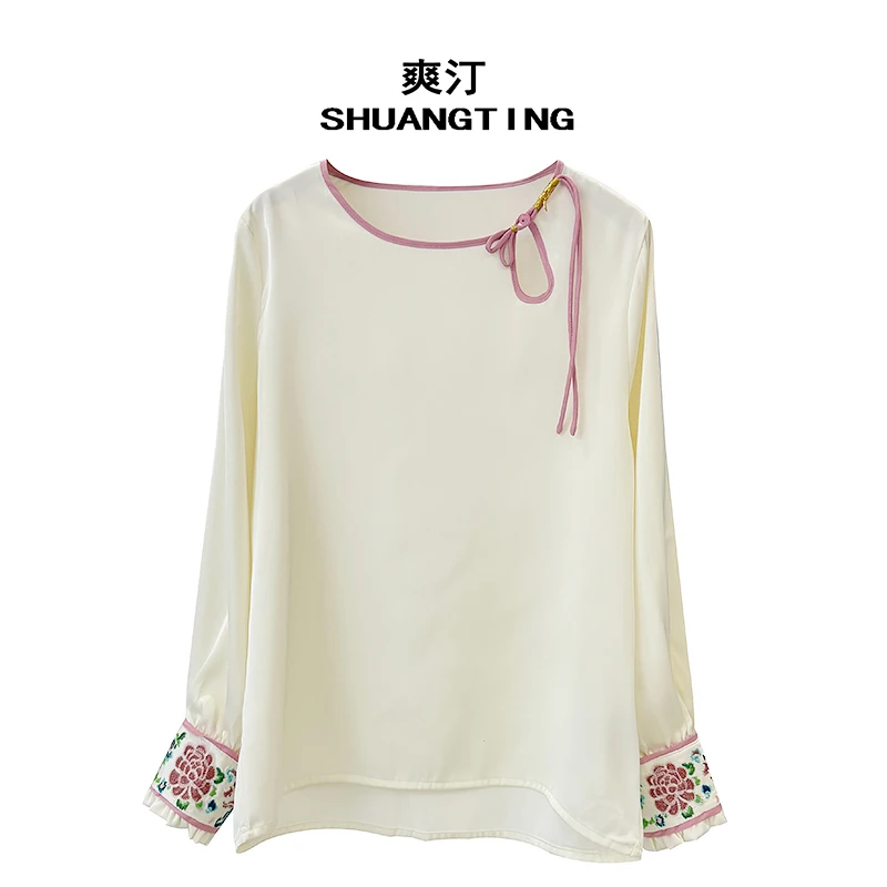 Jokara/丘可儿【落羽】中式流苏刺绣长袖衬衫复古钉珠套头衬衣宽松