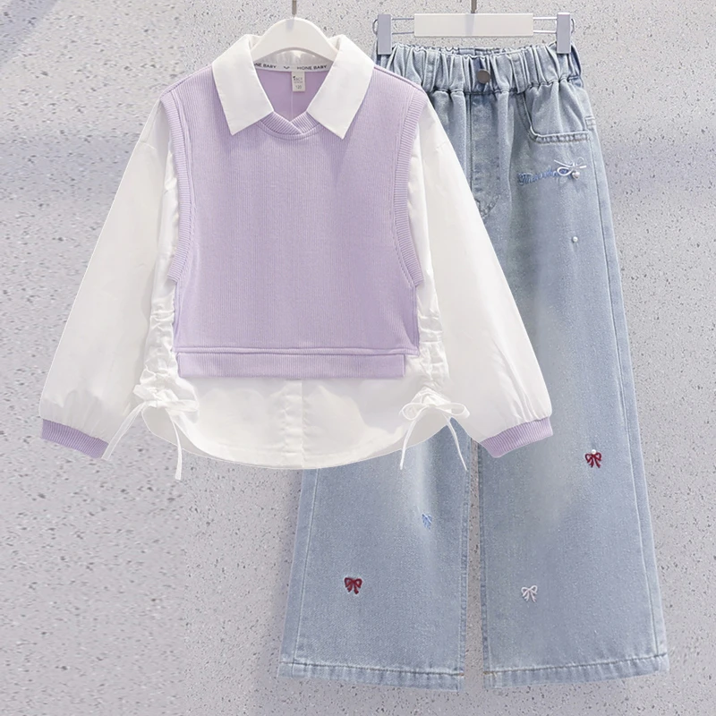 女童秋装韩版套装2025新款洋气时髦衬衫儿童女大童牛仔裤子两件套