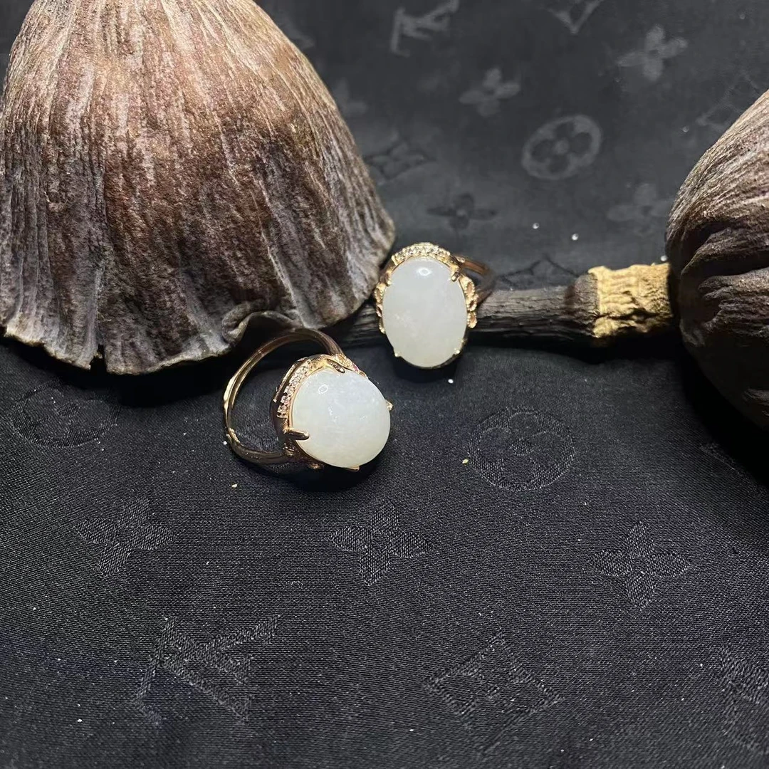 【玉合缘】天然和田玉蛋面925银镶嵌戒指-多样性发一 5841