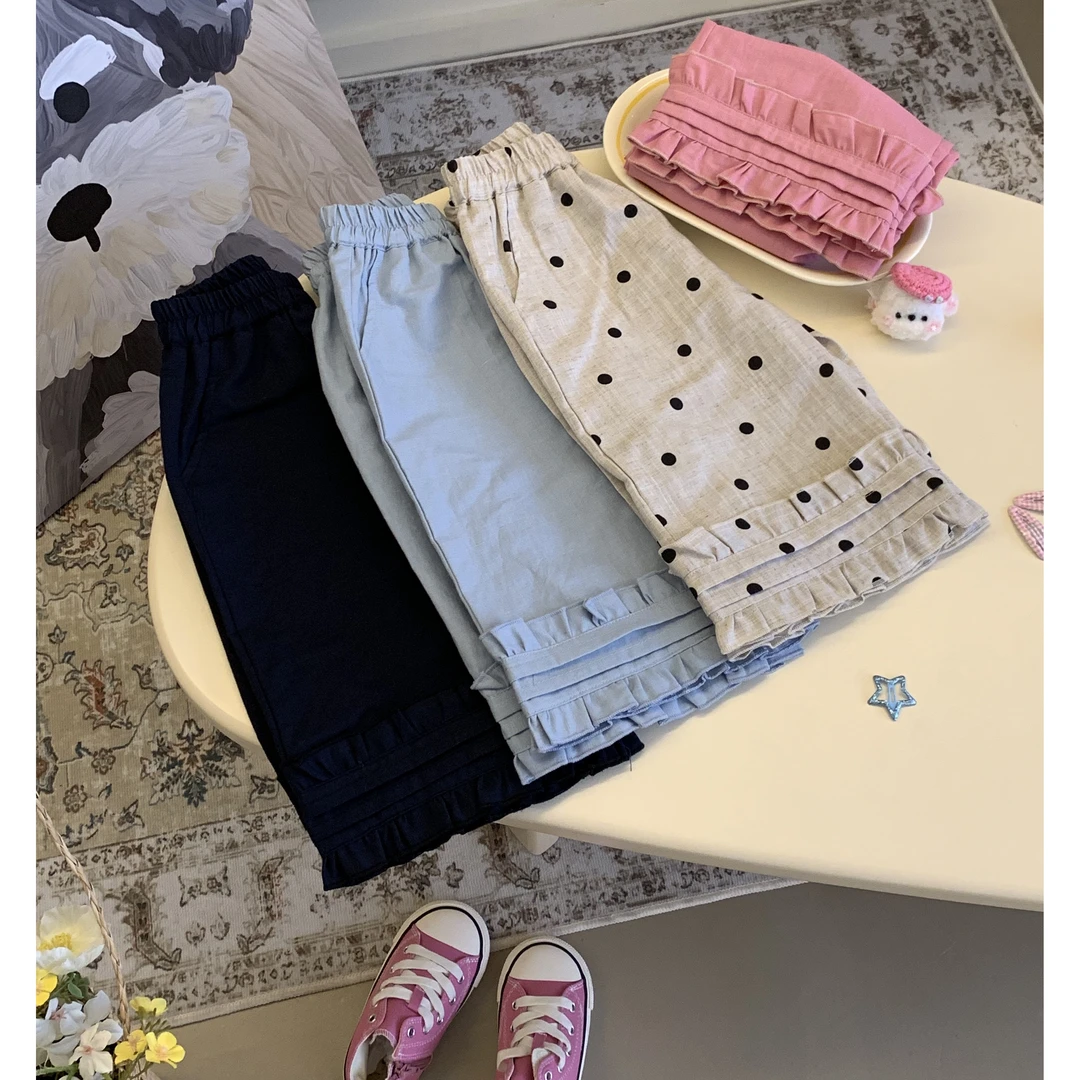 【亚麻裤】二Hihoniya~2025夏季欧若风亲子纯色波点宽松花边裤