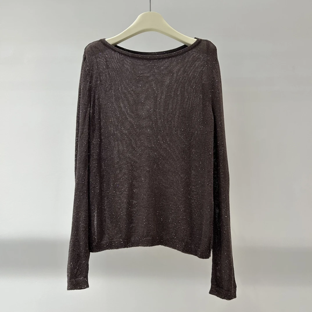 一字领亮片圆领长袖毛针织衫毛衣森系E3109