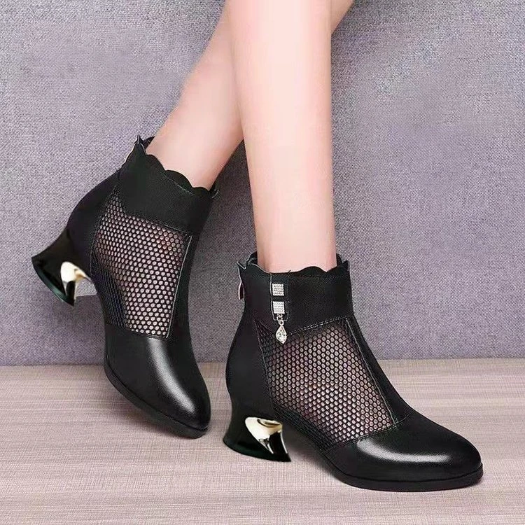 中跟包头凉鞋皮粗跟罗马凉鞋百搭网面短靴夏镂空网纱凉鞋透气时薪