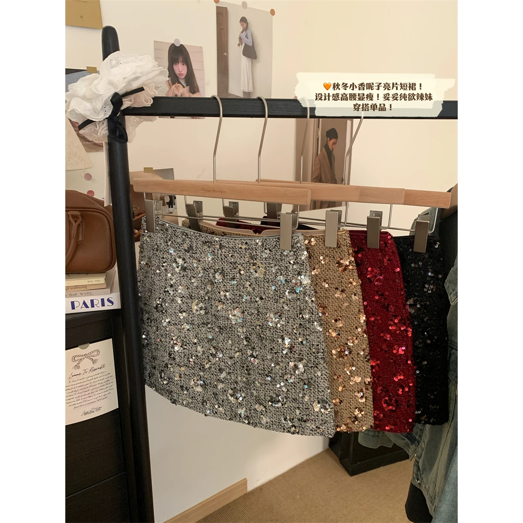 实拍不减~秋冬辣妹新年款重工亮闪闪拼接亮片包臀裙A字半身短裙女