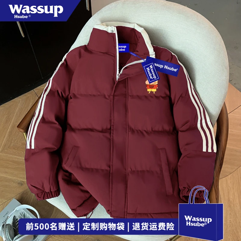 WASSUP HSUBE冬季三条杠酒红色外套男女潮牌蜡笔小新印花立领棉服