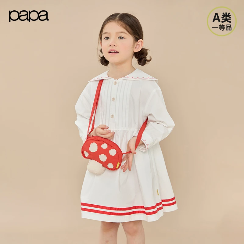 【新品】papa爬爬女童公主洋气时尚百搭校园仪式感海军风连衣裙