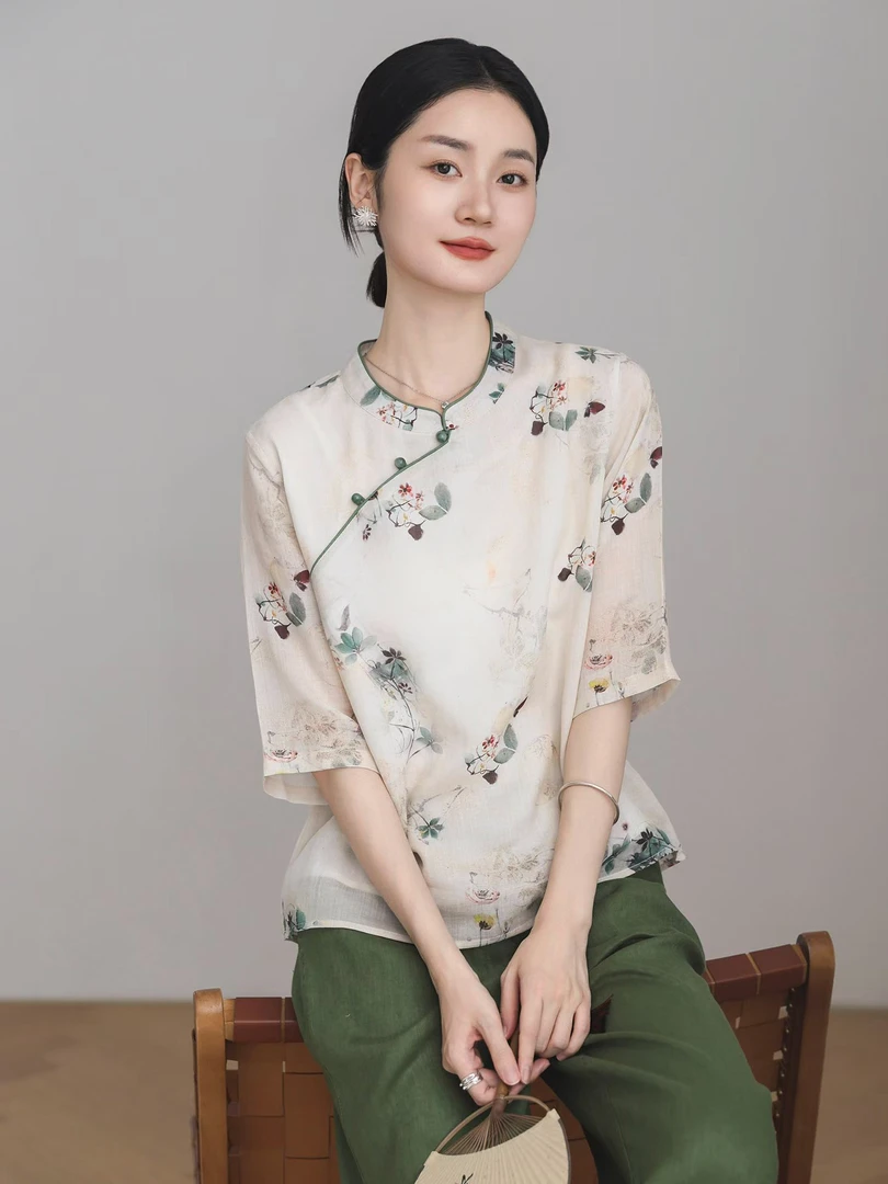 25夏季新款文艺国风斜襟盘扣印花衬衫女T恤苎麻短袖上衣百搭女装