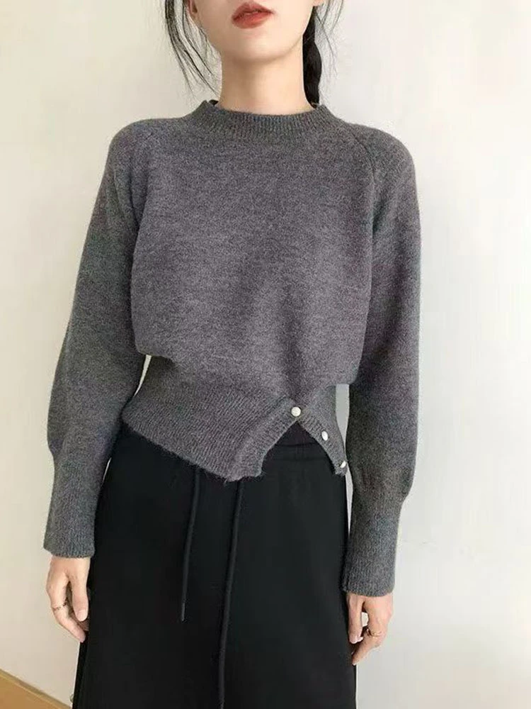 设计感下摆开叉打底衫女秋冬短款圆领套头内搭毛衣